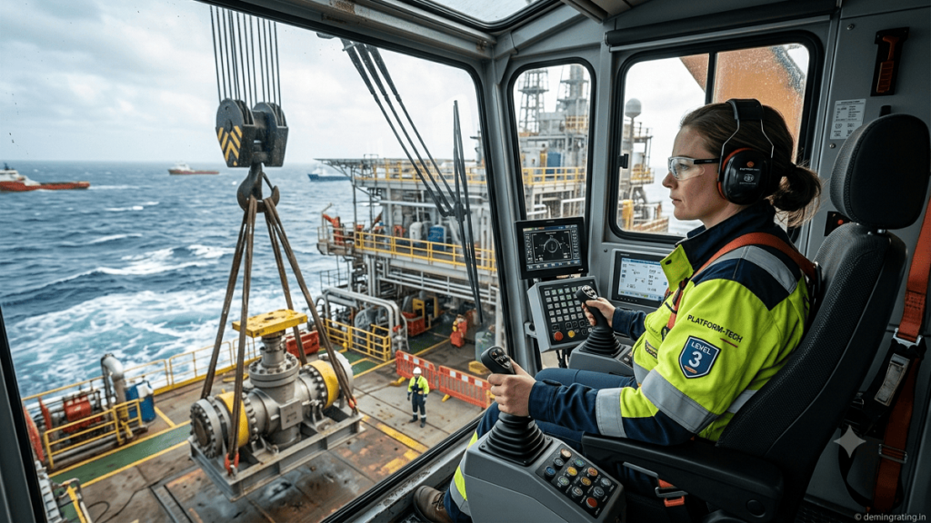 Offshore crane operator safely handling a heavy load from an oil and gas platform