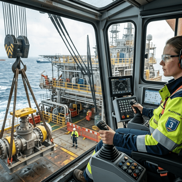 Offshore crane operator safely handling a heavy load from an oil and gas platform