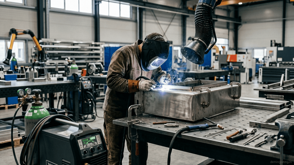 Professional welder performing precision TIG welding in an advanced industrial workshop.