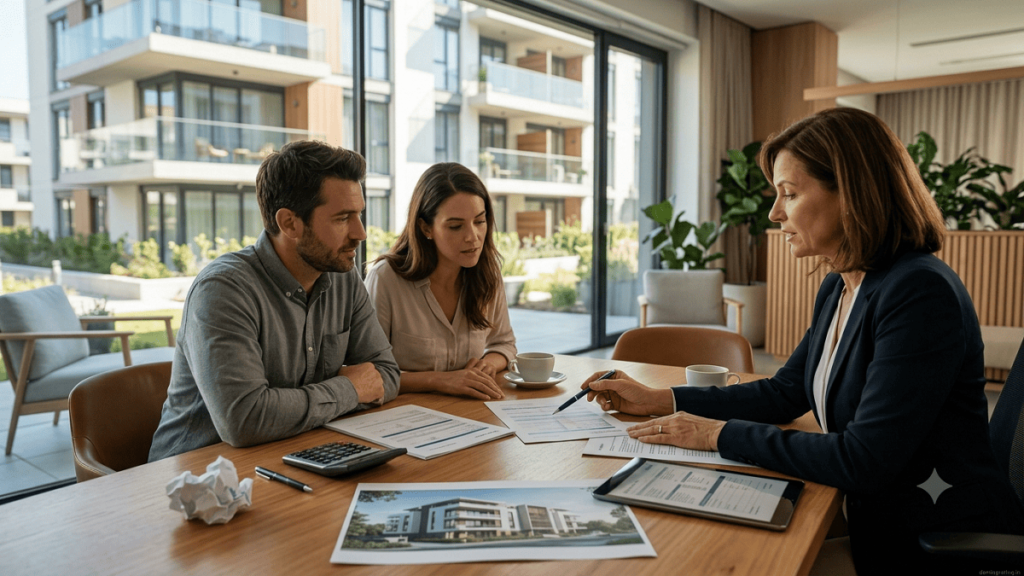 Couple discussing residential property funding with a financial advisor