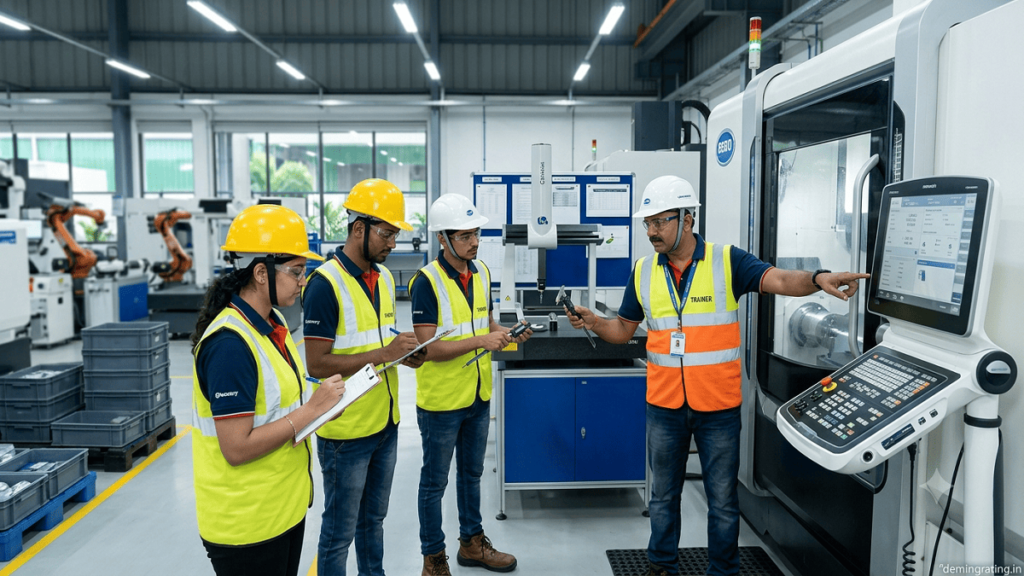 Employees participating in customized technical training inside a modern manufacturing facility.