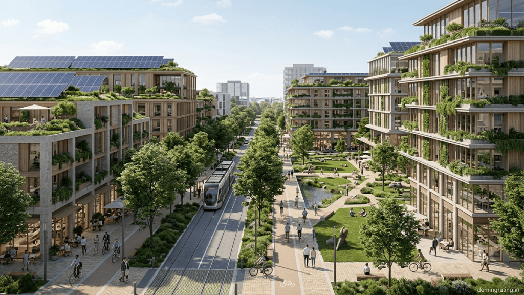 Sustainable urban development with green buildings, public transportation, cycling lanes, and modern infrastructure