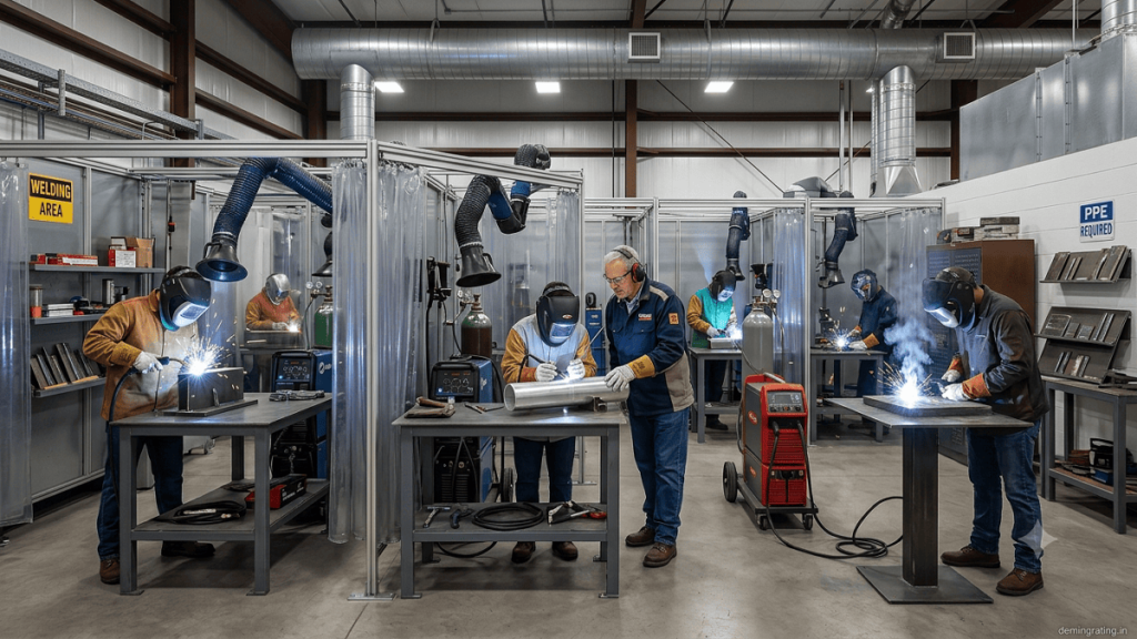 Elevating Welding Trainee welders practicing welding techniques under instructor supervision in a modern training center