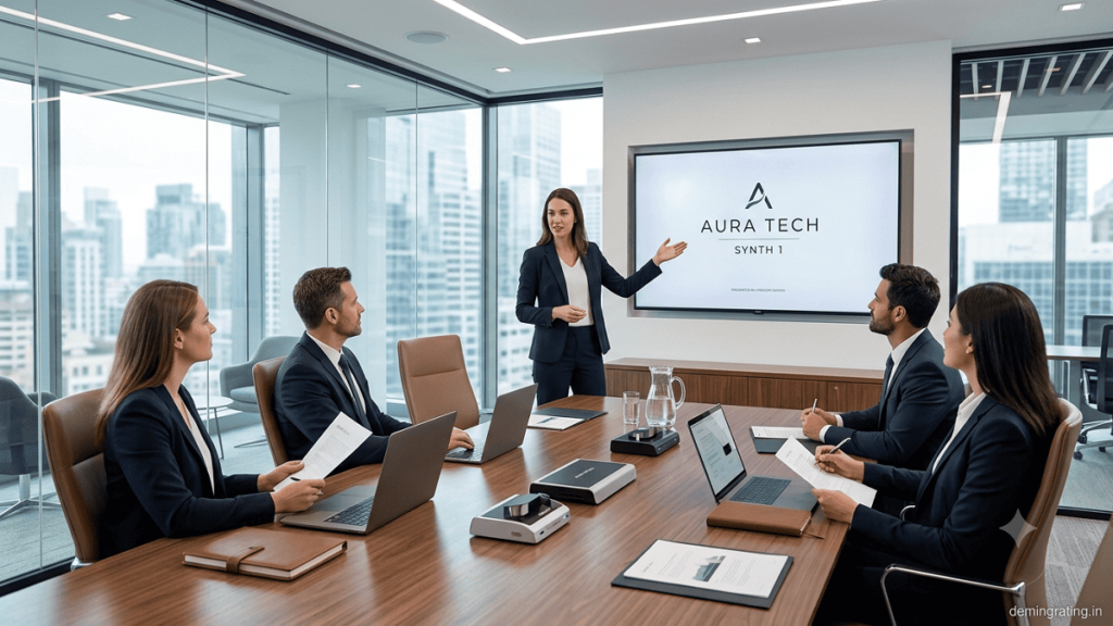 Startup founder presenting an innovative business idea to potential investors in a modern meeting room.