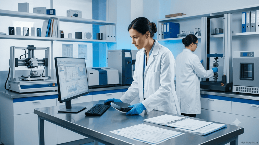 Quality assurance specialist examining a product sample in a modern quality testing laboratory.