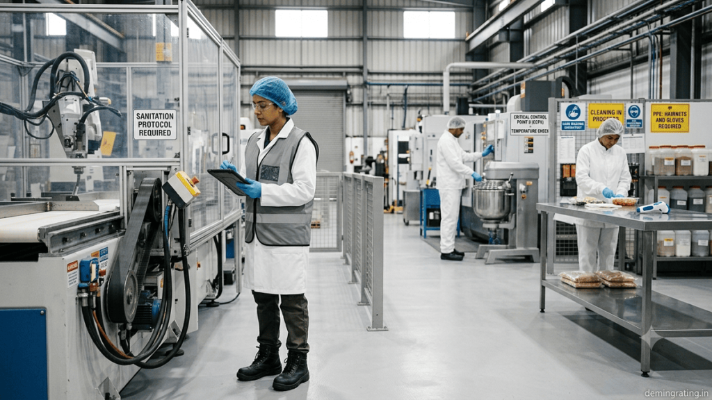 Food safety professional inspecting hygiene and production practices in a food manufacturing facility
