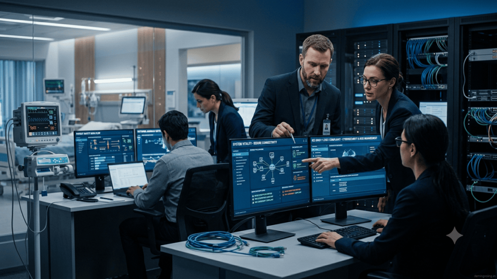 Connected medical devices and healthcare IT infrastructure supporting IEC 80001-1:2021 risk management.