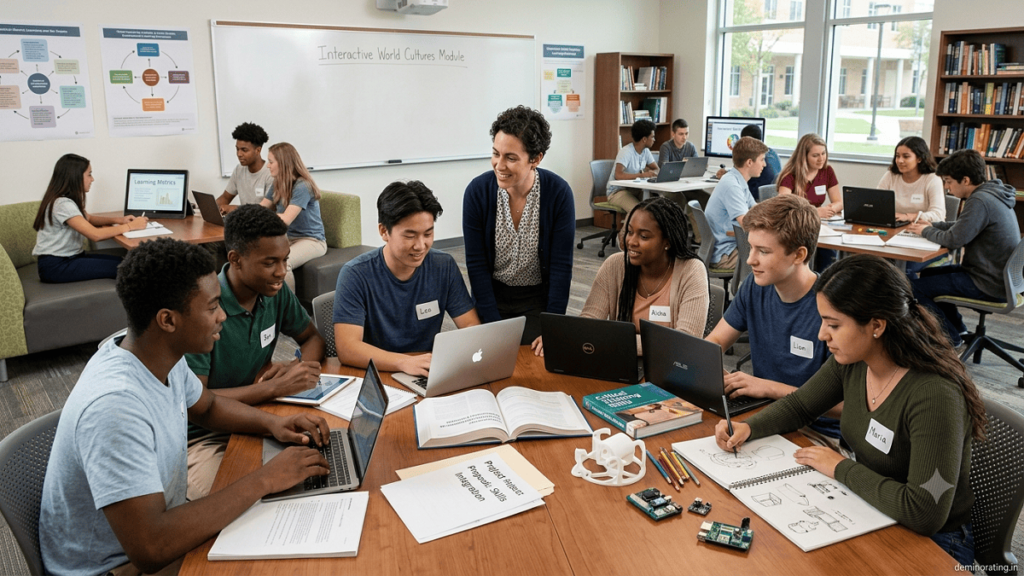 Curriculum Development Teacher and students using digital tools and collaborative learning methods in a modern classroom.