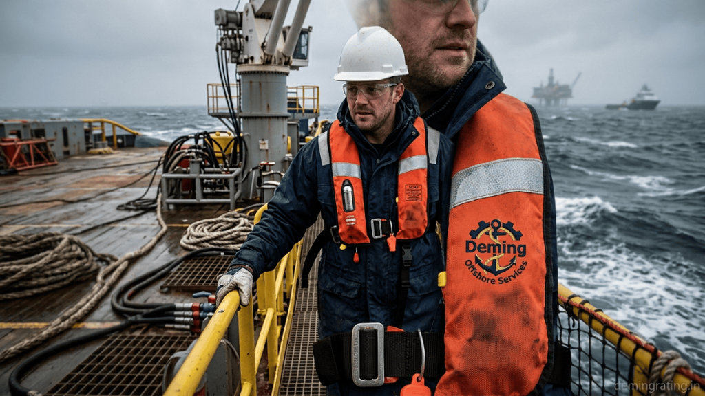 Offshore worker wearing an ISO 12402 personal flotation device on a commercial vessel