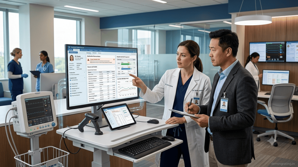 Healthcare professionals reviewing electronic health records and integrated clinical data in a modern hospital.