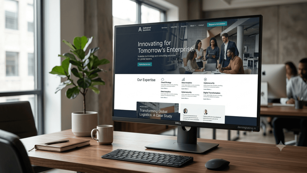 Modern premium corporate website displayed on a desktop monitor with professional website sections
