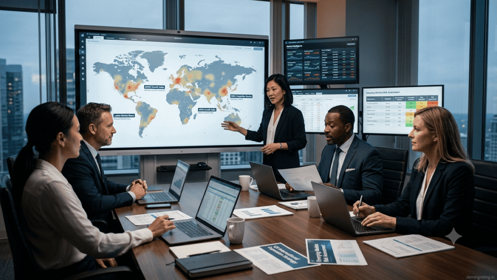 Market analyst researching customer data, competitors, and market trends in a modern business office.