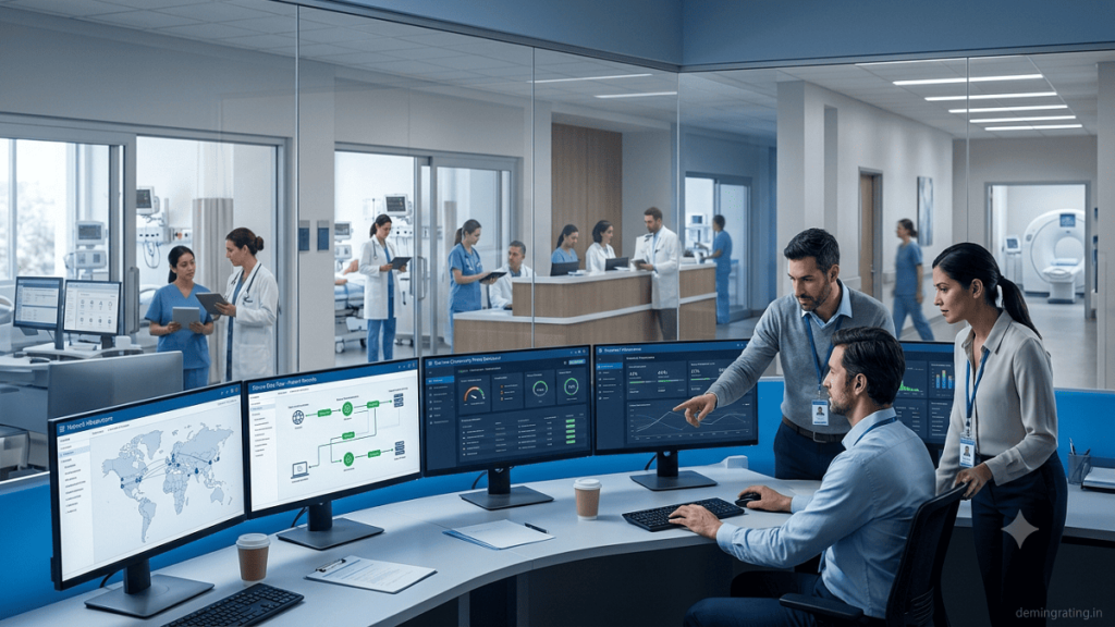 Healthcare IT engineers monitoring secure hospital network infrastructure and cybersecurity systems.