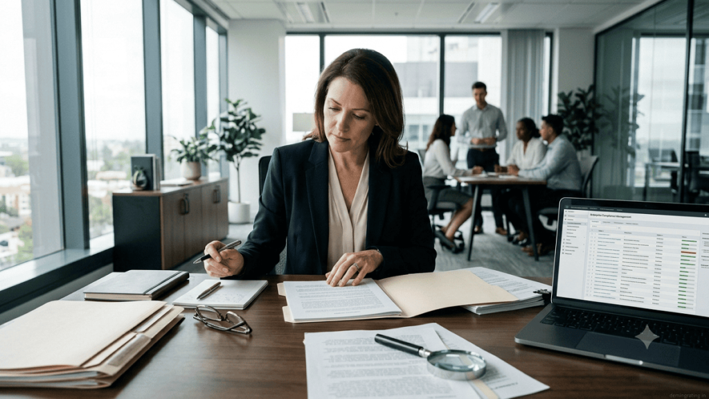 Regulatory Compliance Assistance Compliance professional reviewing regulatory documents and business policies in a corporate office
