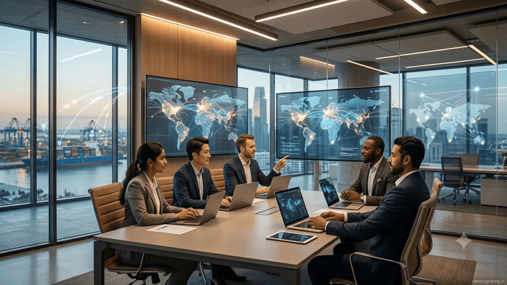 Business team planning international market expansion using global market research and digital analytics.
