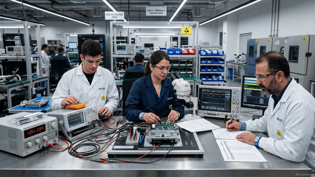 Product testing and validation team performing quality and performance checks on a product using professional testing equipment.