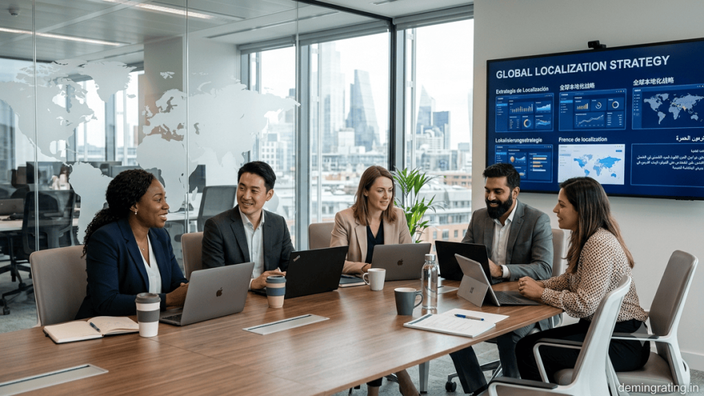 Diverse international business team collaborating during a cultural training meeting in a modern corporate office.