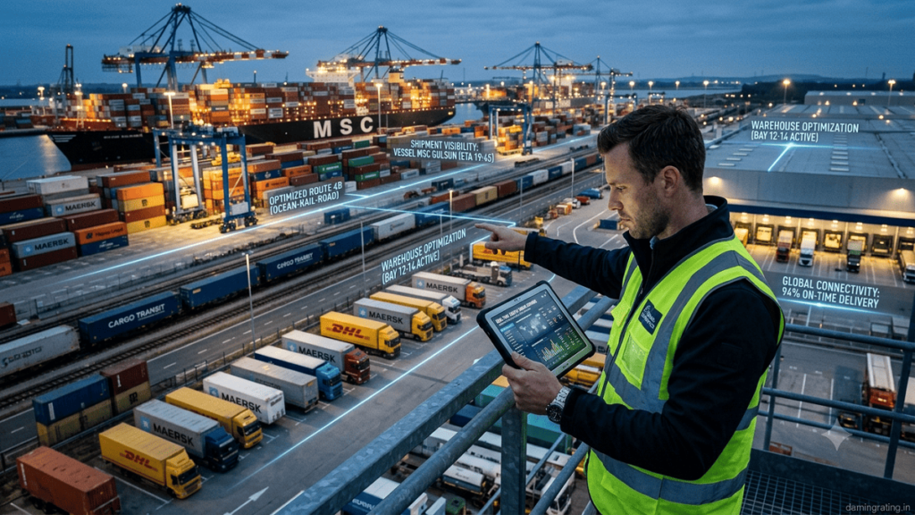 Modern automated warehouse using robotics, digital tracking, and optimized logistics operations.