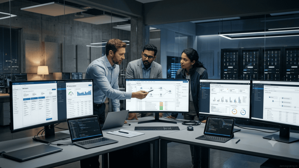 IT professionals reviewing connected enterprise systems, cloud applications, databases, and business software.