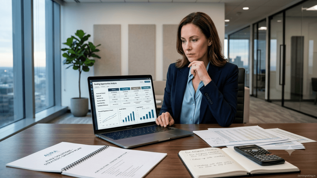 Business founder reviewing funding opportunities, financial projections, and investment options on a laptop.
