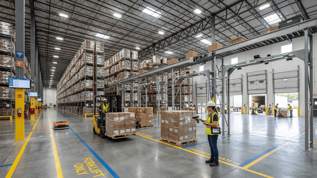 Modern smart warehouse with automated storage systems, conveyor belts, forklifts, and digital technology