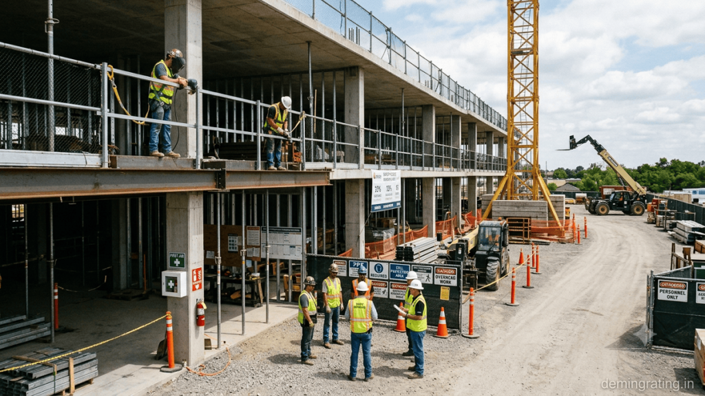 Workers following workplace safety protocols in a modern manufacturing facility while operating machinery and conducting safety inspections.