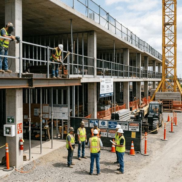 Workers following workplace safety protocols in a modern manufacturing facility while operating machinery and conducting safety inspections.