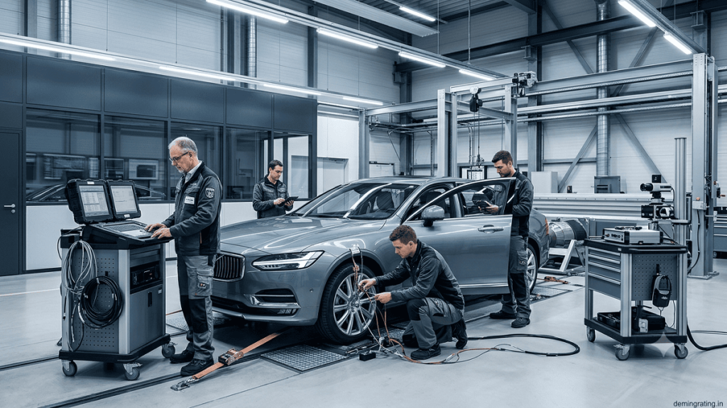 Automotive engineer inspecting a vehicle during professional safety and certification testing in an advanced testing facility.