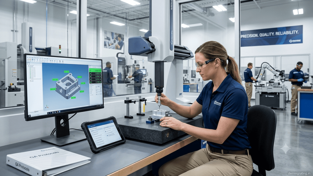 Quality assurance specialist inspecting a precision product with advanced measurement equipment in a manufacturing facility.