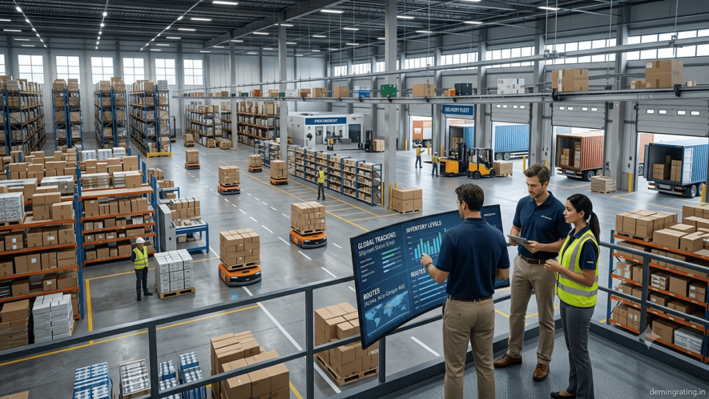 Professionals monitoring automated warehouse operations as part of an optimized global supply chain.