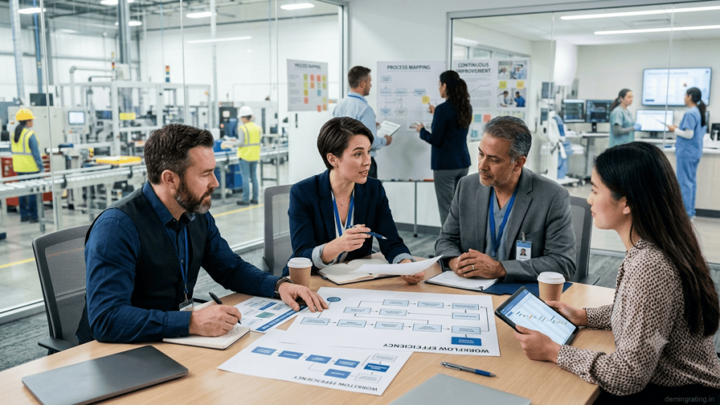 Professionals participating in a process optimization workshop to improve workflow and operational efficiency across different industries.