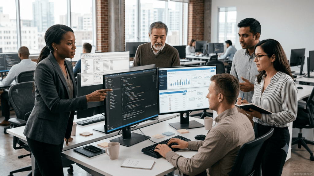 Software development team collaborating on a custom business application in a modern technology office.