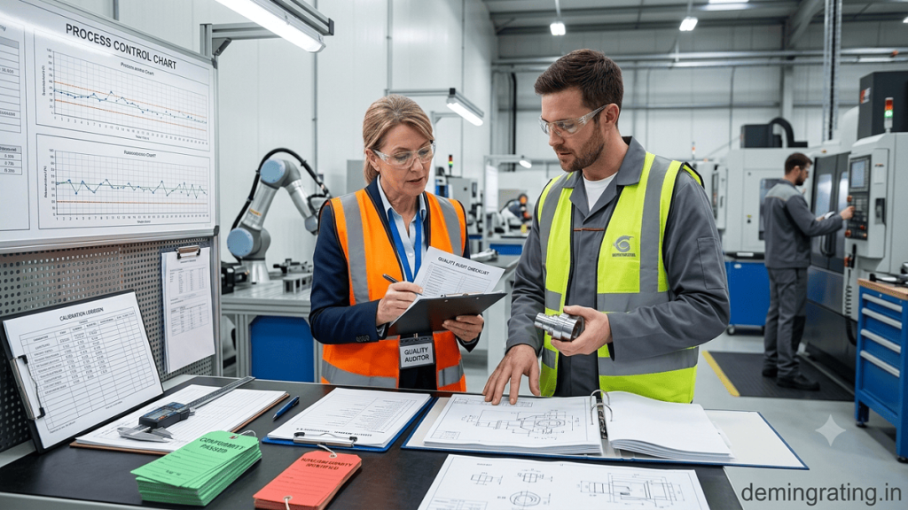 Quality auditor inspecting manufacturing processes, records, and product conformity during an internal quality audit