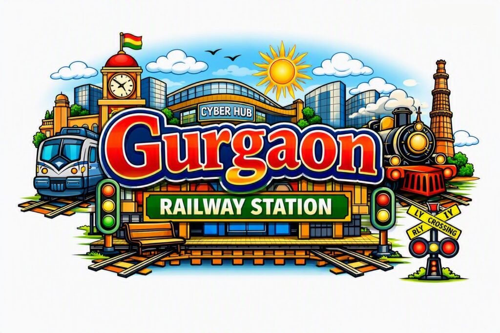 Gurgaon Railway Station Colorful cartoon graphic reading "Gurgaon Railway Station" surrounded by modern trains, steam locomotives, city skyscrapers, Cyber Hub, and a clock tower under a sunny sky.