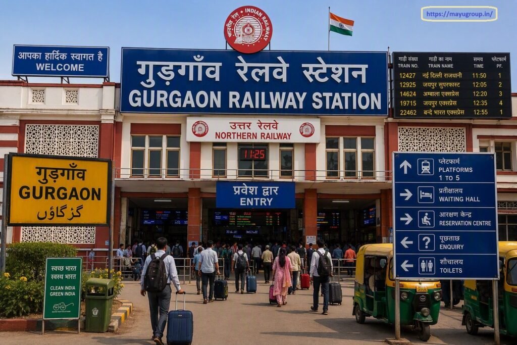 Exterior entrance view of Gurgaon Railway Station showing prominent blue header signage, an electronic train display, a yellow trilingual station board, passenger directional markers, and commuters carrying luggage near waiting auto-rickshaws.