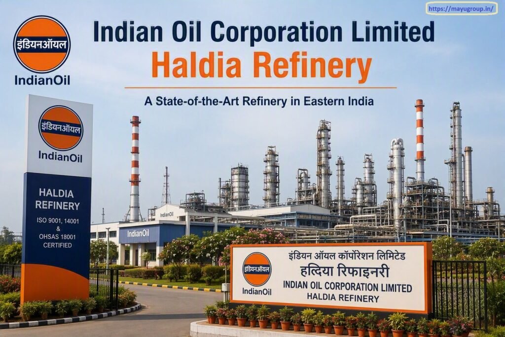 Composite image showcasing the Indian Oil Corporation Limited Haldia Refinery entrance pylons, corporate signage noting ISO certifications, and the industrial refining plant towers in the background.