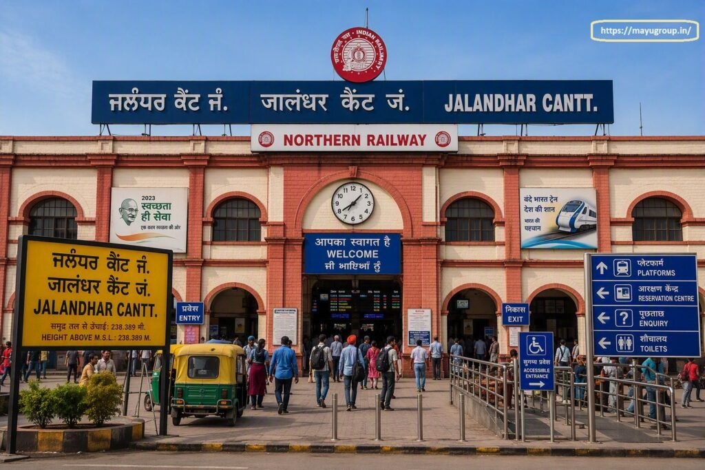 Exterior entrance view of Jalandhar Cantt. Railway Station building featuring multilingual signage in Punjabi, Hindi, and English, a central clock, passenger directional boards, and pedestrians outside.