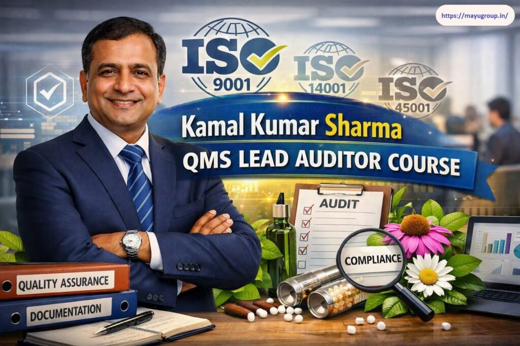 Promotional graphic featuring Kamal Kumar Sharma for a QMS Lead Auditor Course, displayed alongside ISO standard logos (9001, 14001, 45001), quality assurance binders, an audit checklist, and a compliance magnifying glass.