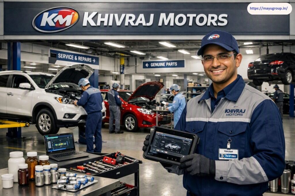 Automotive service workshop interior at Khivraj Motors showing a smiling technician holding a diagnostic tablet, with mechanics servicing vehicles, overhead directional signs, and diagnostic equipment in the background.