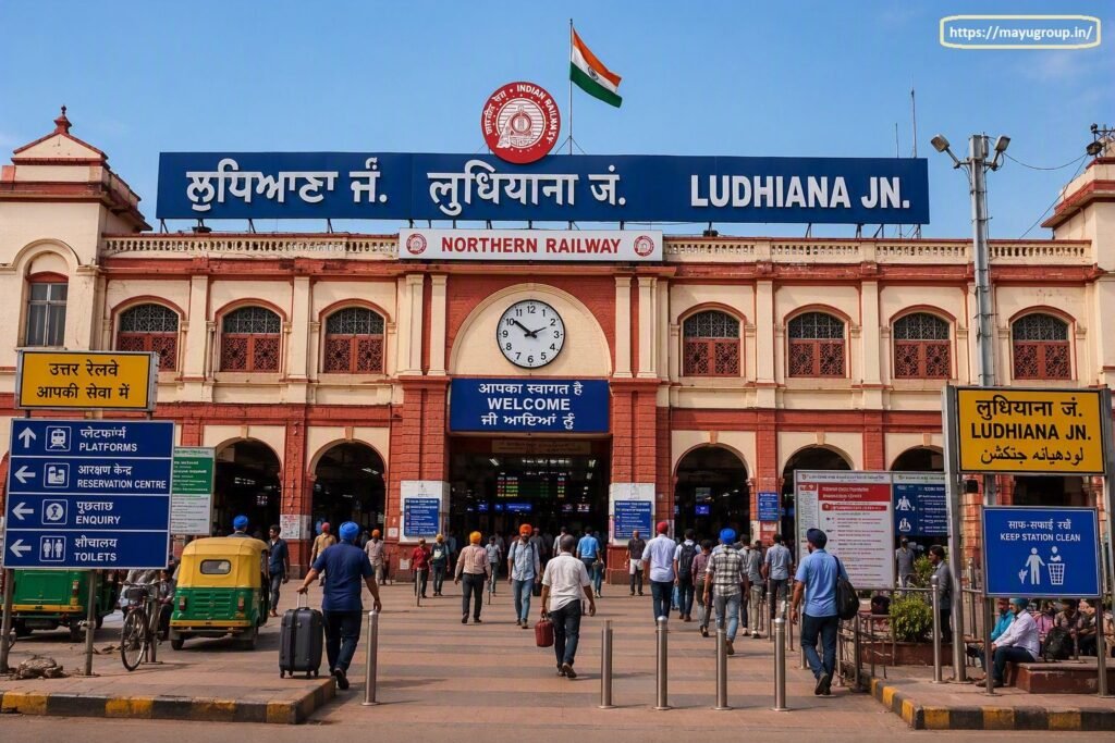 Exterior entrance view of Ludhiana Junction Railway Station building featuring multilingual signage in Punjabi, Hindi, and English, an Indian national flag, a central clock, directional signs, and commuters entering the facility.
