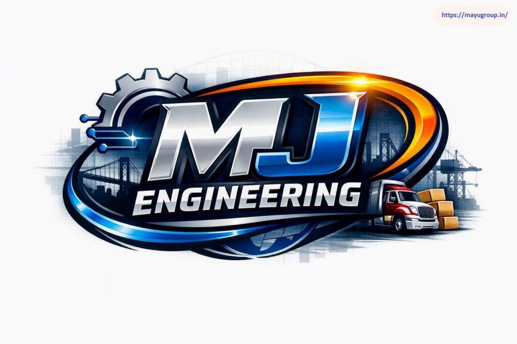 3D metallic logo graphic for MJ Engineering featuring bold blue and silver lettering, an industrial cogwheel, a bridge skyline, and a semi-truck with port cranes.