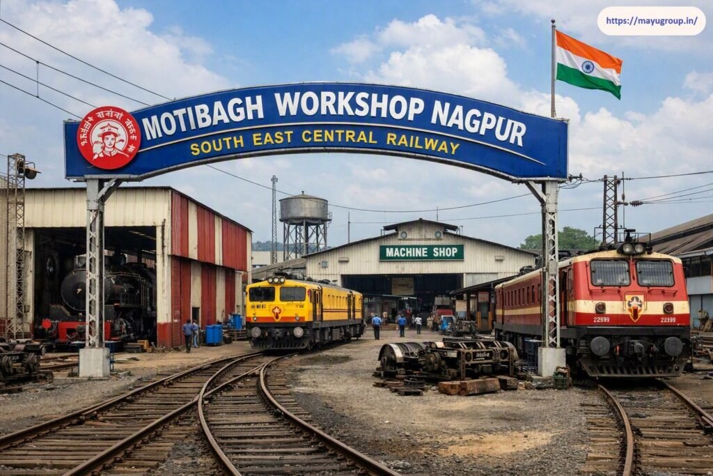 Entrance arch of Motibagh Workshop Nagpur under South East Central Railway, featuring train engines, railway tracks, a machine shop building, and the Indian national flag flying overhead.