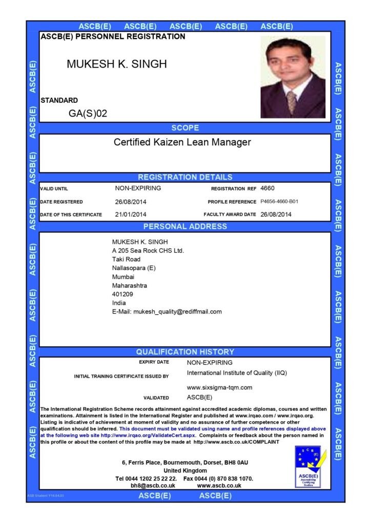 ASCB(E) Personnel Registration certificate for Mukesh K. Singh as Certified Kaizen Lean Manager issued by International Institute of Quality (IIQ).