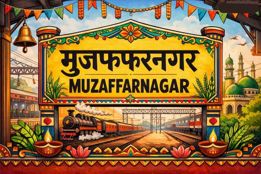 Muzaffarnagar Railway Station Festive traditional graphic featuring a yellow station signboard for Muzaffarnagar written in Hindi and English, surrounded by garlands, diyas, trains, and a mosque.