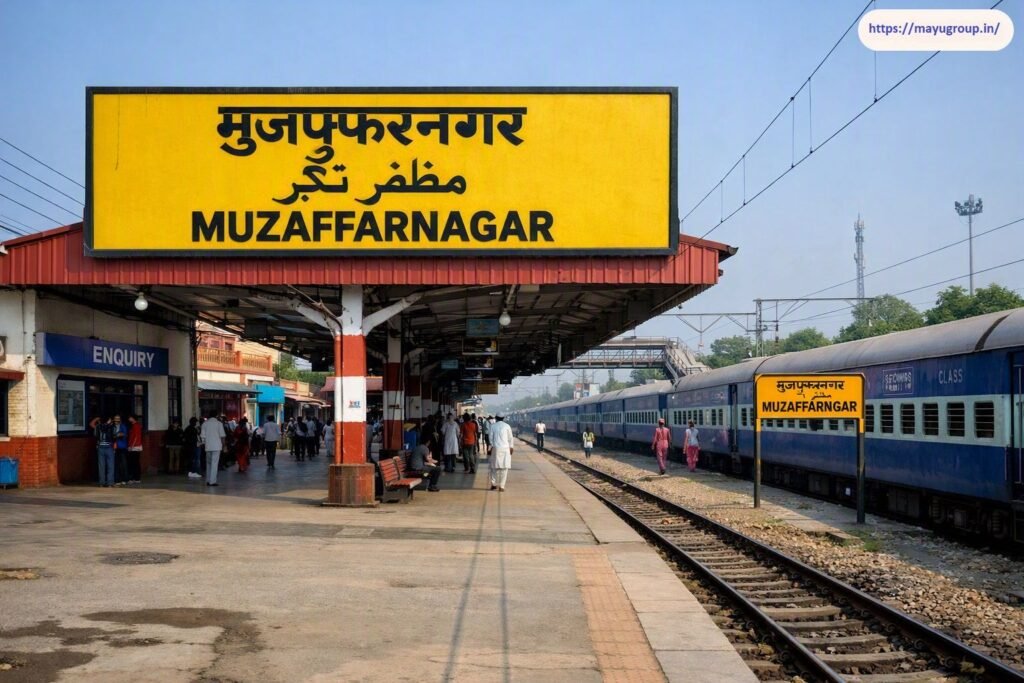 Platform view at Muzaffarnagar Railway Station showing a large overhead yellow station signboard in Hindi, Urdu, and English, an enquiry counter, commuters waiting, and a blue passenger train parked along the track.