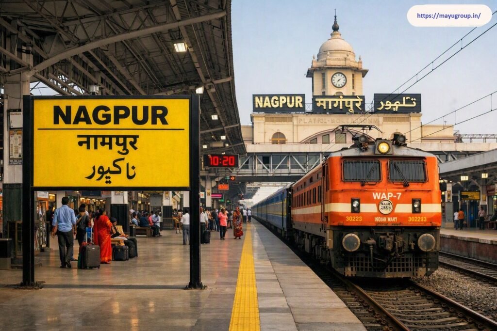 Platform view of Nagpur Junction Railway Station featuring a yellow multilingual nameboard, passengers, an orange WAP-7 electric locomotive, and the heritage clock tower building in the background.