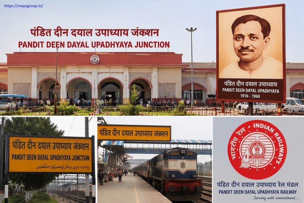 Collage displaying Pandit Deen Dayal Upadhyaya Junction Railway Station, featuring the main station building exterior, a portrait of Pandit Deen Dayal Upadhyaya, yellow station signboards, a train on the platform, and the Indian Railways seal logo.