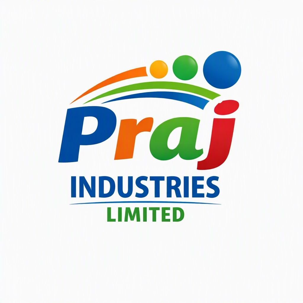 Official corporate logo of Praj Industries Limited featuring the multicolored name "Praj" with arced orange, green, and blue swooshes and dots above, positioned over the blue text "INDUSTRIES" and green text "LIMITED" on a clean white background.