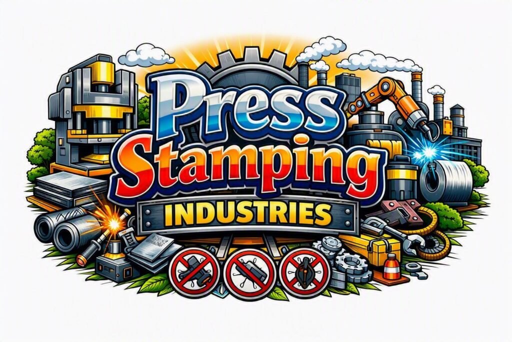 Press Stampimg Industries Colorful cartoon graphic reading "Press Stamping Industries" surrounded by industrial press machinery, robotic welding arms, metal coils, tools, and safety prohibition signs.