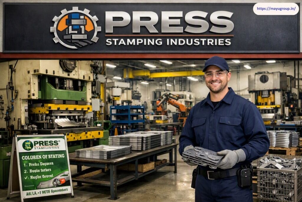 Industrial facility interior of Press Stamping Industries showing heavy metal stamping machinery, stacked sheet metal components, safety signage, and a technician wearing protective gear holding manufactured metal parts.